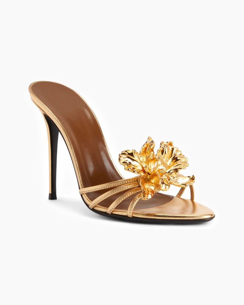 Gold 3D Flower Open-Toe Vintage Heels | Reigned