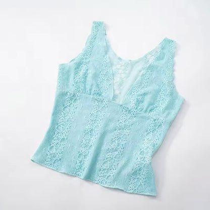 Deep V-Neck Lace Detail Halter Top