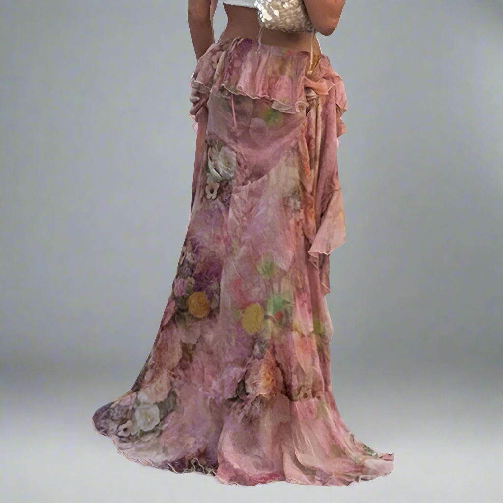 ruffle maxi train floral skirt