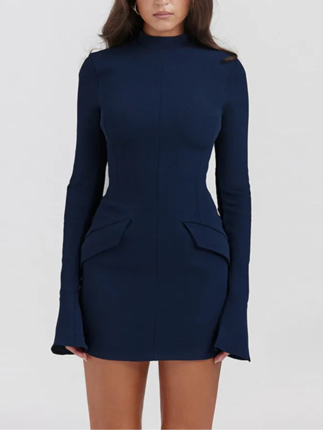 Navy long sleeve mock neck mini dress