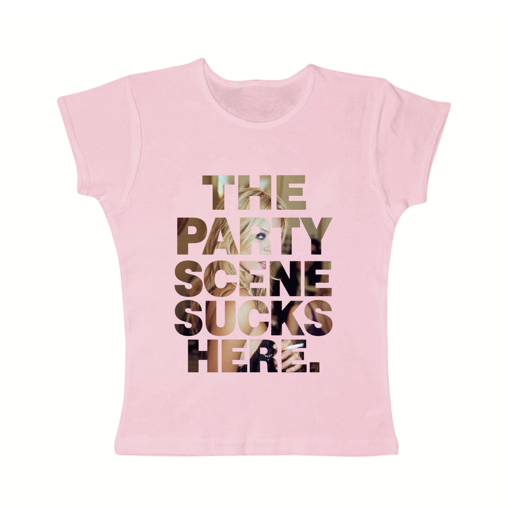 The Party Scene Sucks Here baby tee