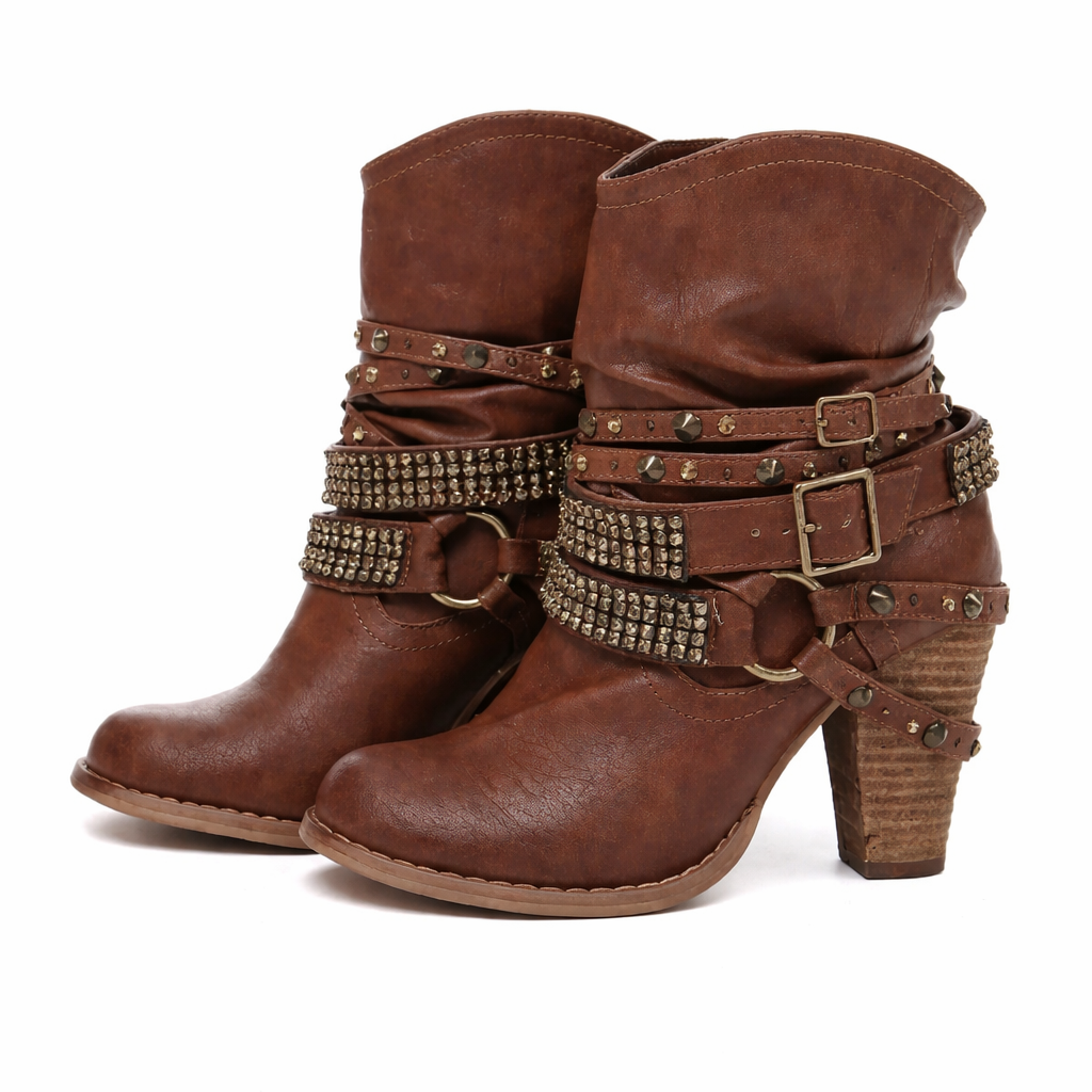 Buckle Belt Detail Studded Low Boot heel | Reigned