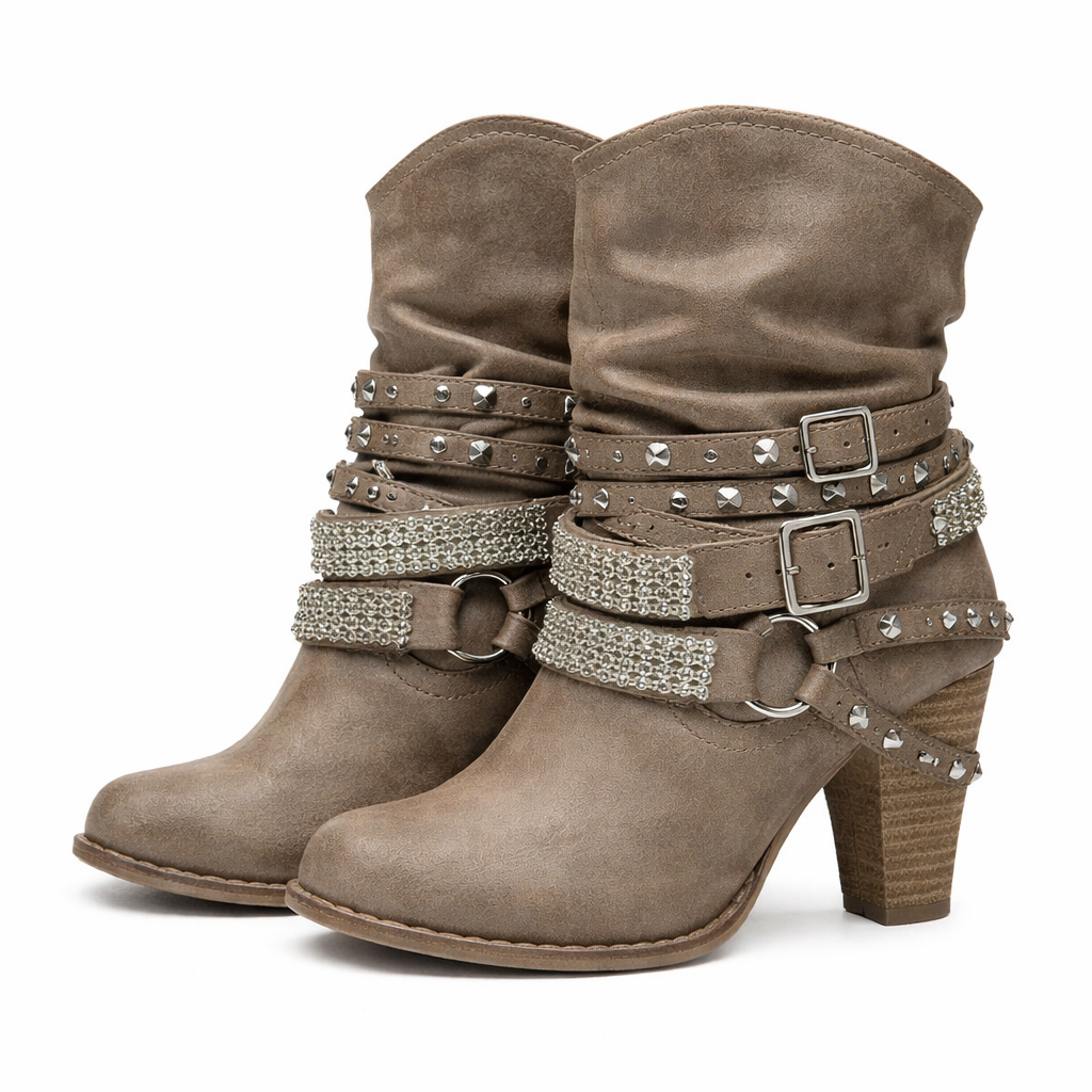 Buckle Belt Detail Studded Low Boot heel | Reigned