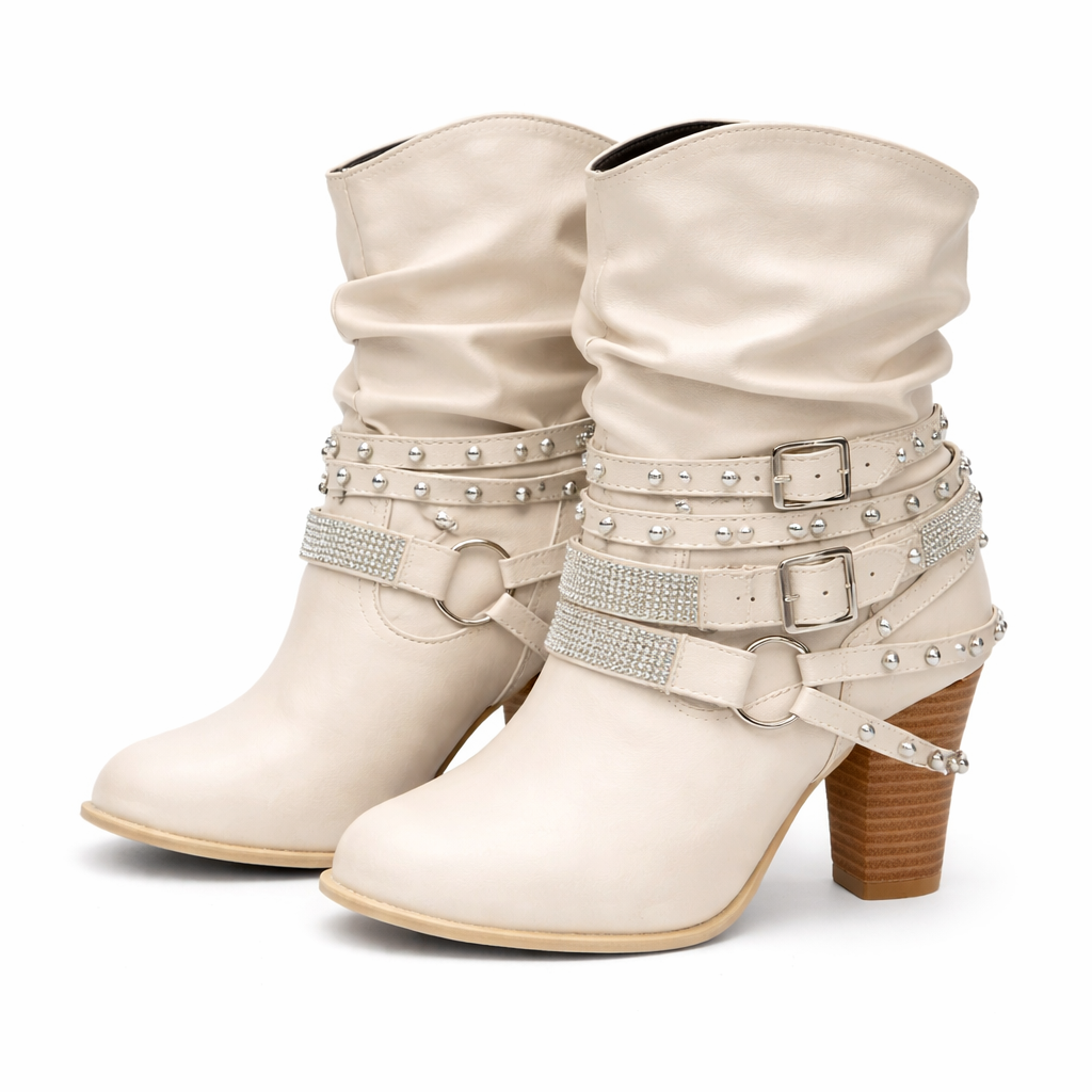 Buckle Belt Detail Studded Low Boot heel | Reigned