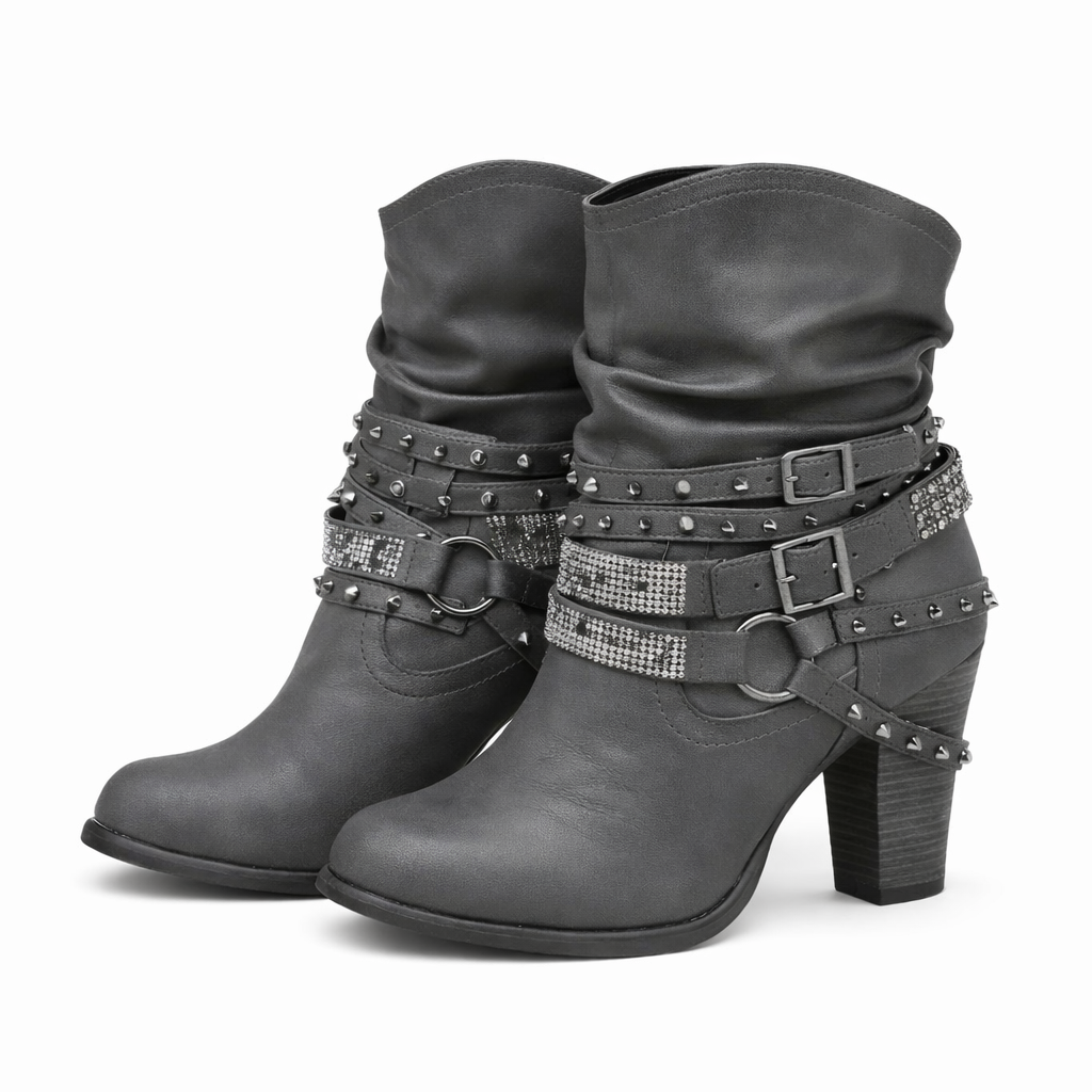 Buckle Belt Detail Studded Low Boot heel | Reigned