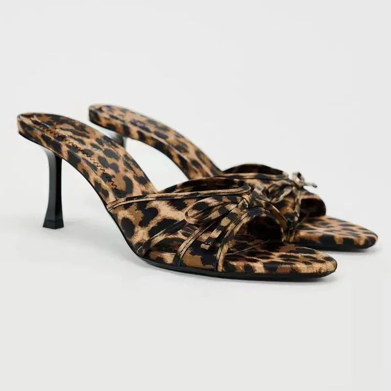 Leopard print bow detail open toe low heels