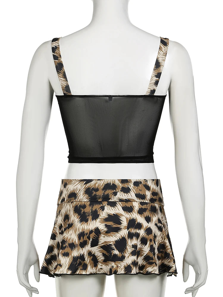 leopard print sweetheart neckline tank top and mini skirt two piece