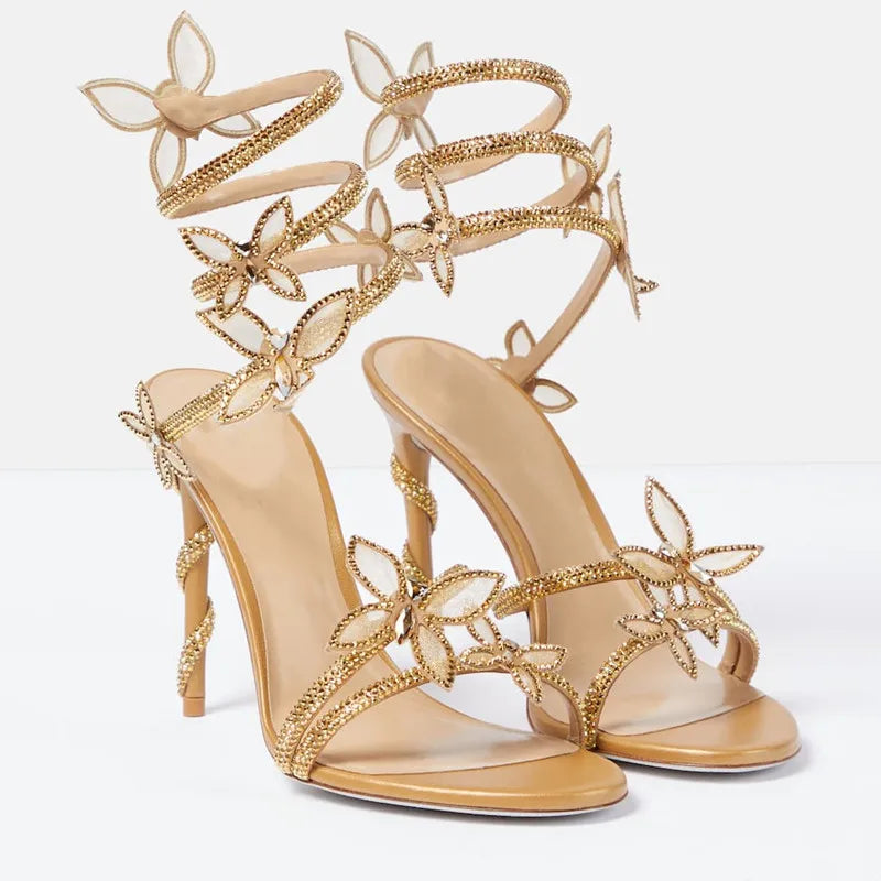 ButterFly detail embellished ankle wrap heels