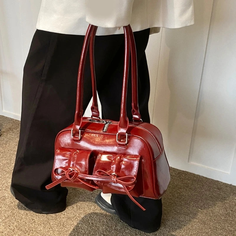 vintage bow pockets leather shoulder bag