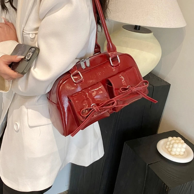 vintage bow pockets leather shoulder bag