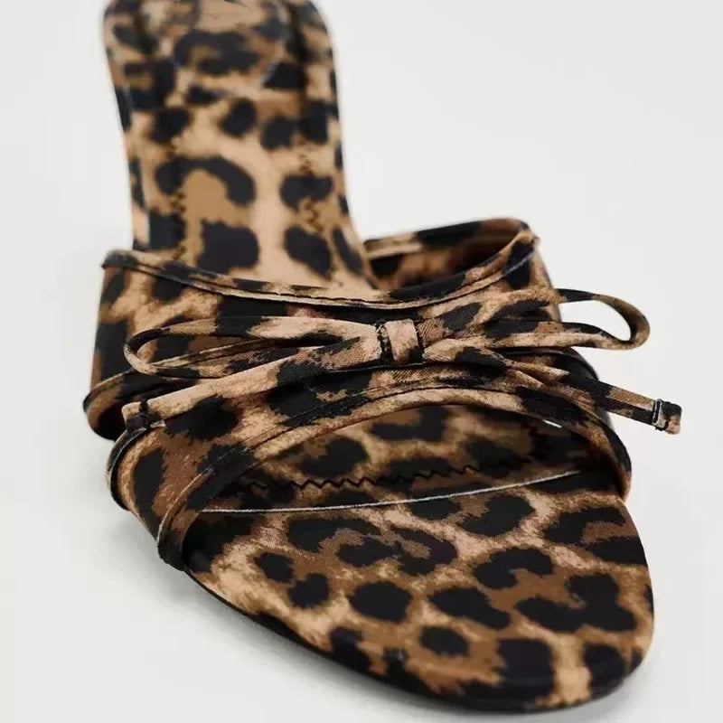 Leopard print bow detail open toe low heels