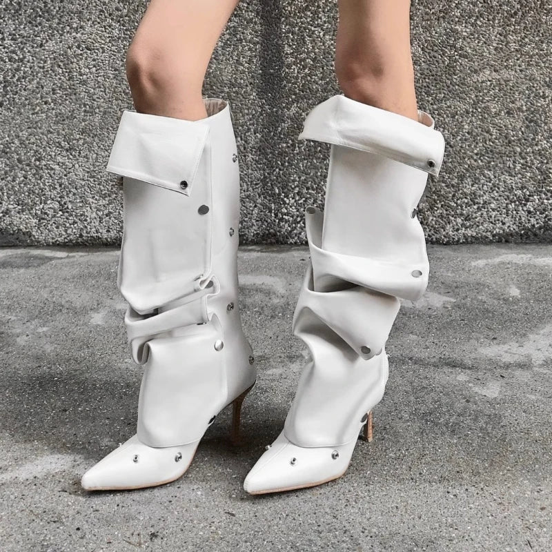 Draped Panel fold pointed stiletto high boots | Reigned