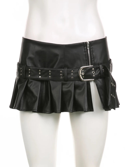 Leather pleated slit mini skirt with buckle detail