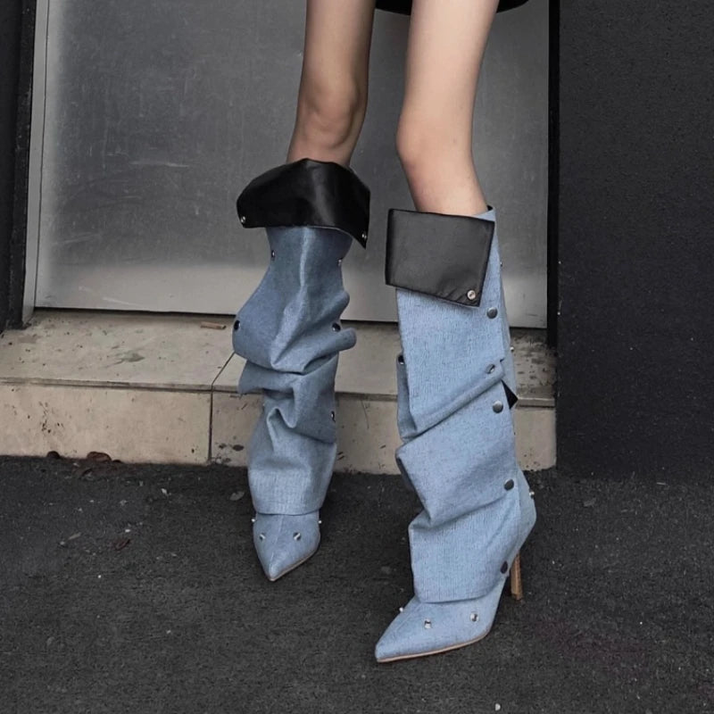 Draped Panel fold pointed stiletto high boots | Reigned