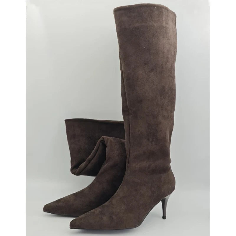Stacked suede boot stiletto heels | Reigned