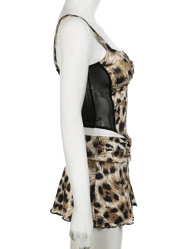 leopard print sweetheart neckline tank top and mini skirt two piece