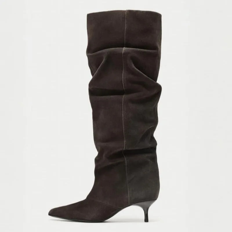 Stacked suede boot stiletto heels | Reigned
