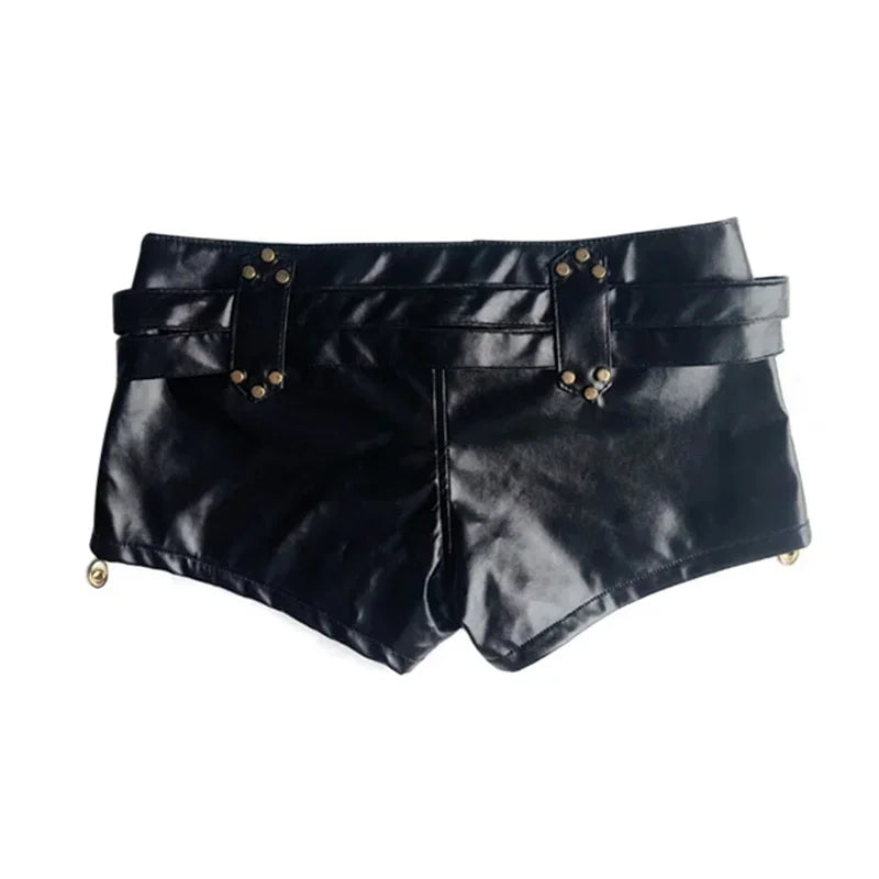 Buckle Detail Gold Zipper Low Rise Leather Mini Shorts