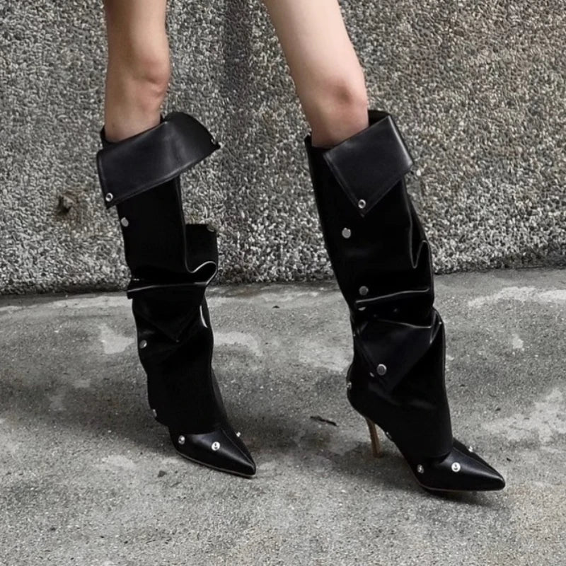 Draped Panel fold pointed stiletto high boots | Reigned