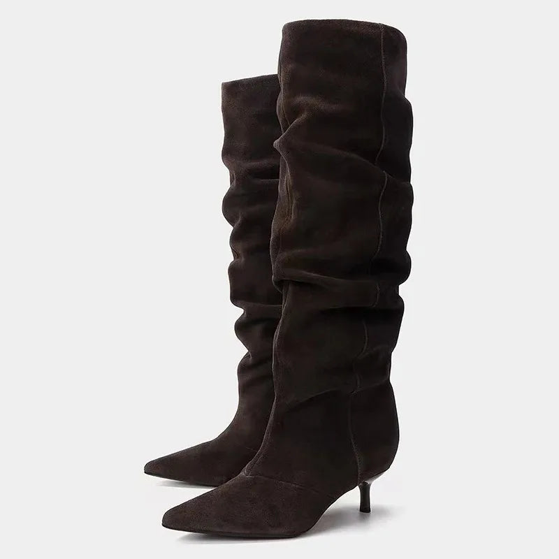 Stacked suede boot stiletto heels | Reigned