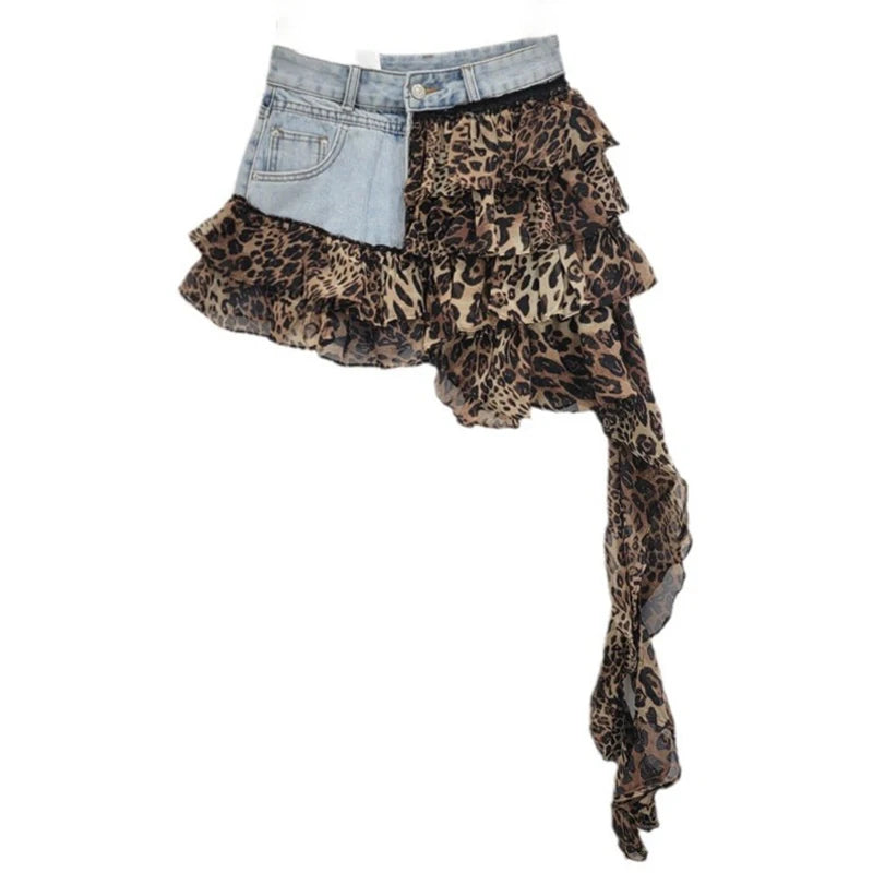 Irregular pleated denim skirt