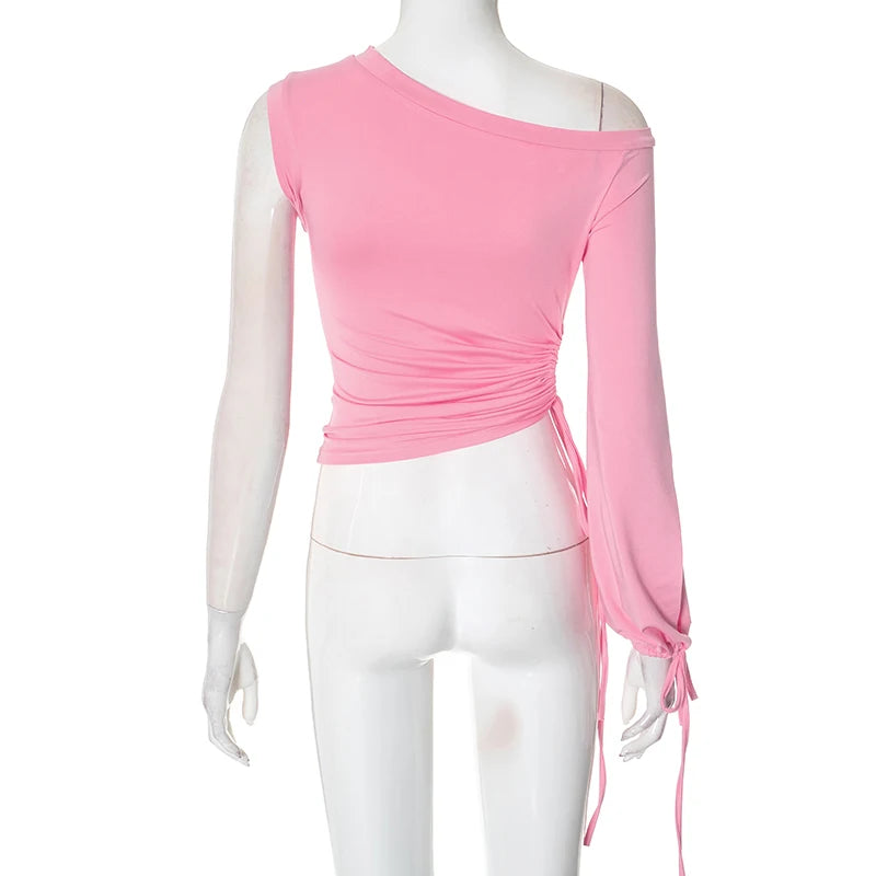 Pink A-Line Single Light Puff Sleeve Ruched Side Top