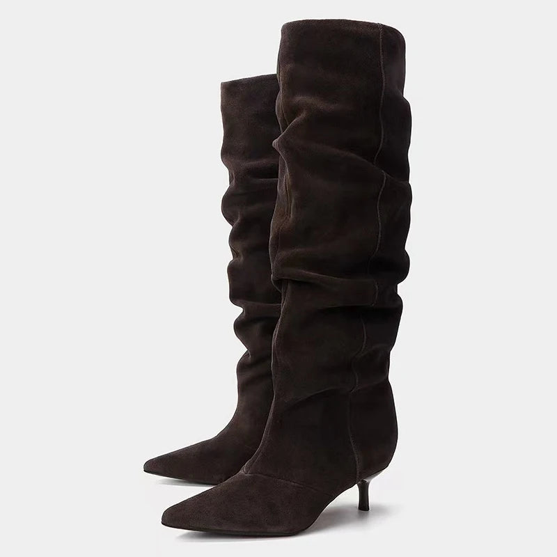 Stacked suede boot stiletto heels | Reigned