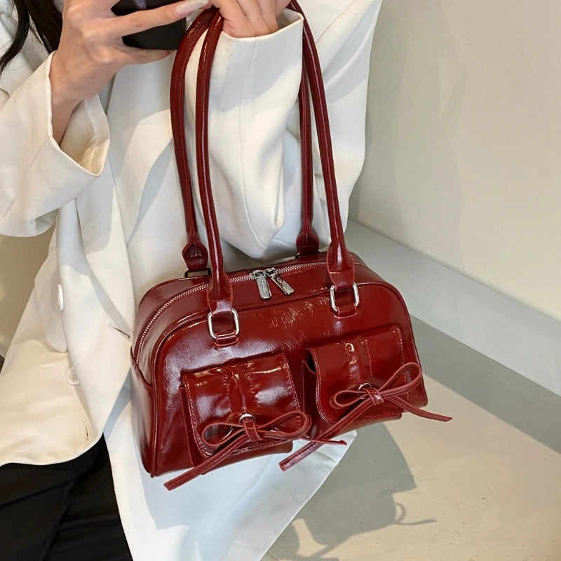 vintage bow pockets leather shoulder bag