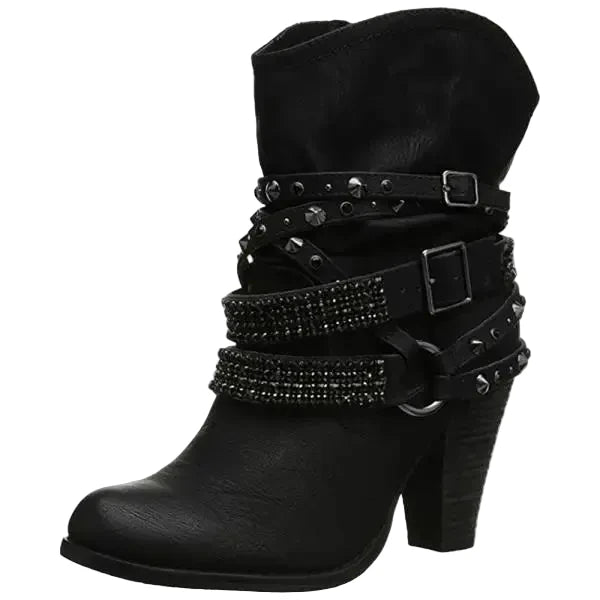 Buckle Belt Detail Studded Low Boot heel | Reigned