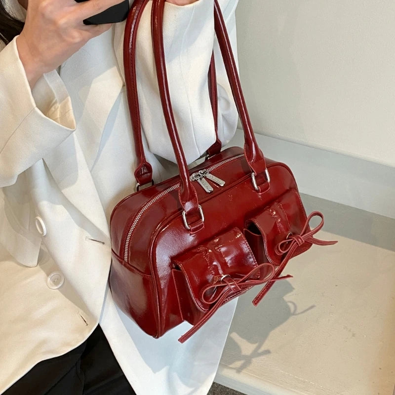 vintage bow pockets leather shoulder bag