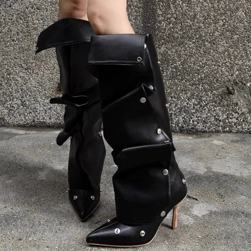 Draped Panel fold pointed stiletto high boots | Reigned