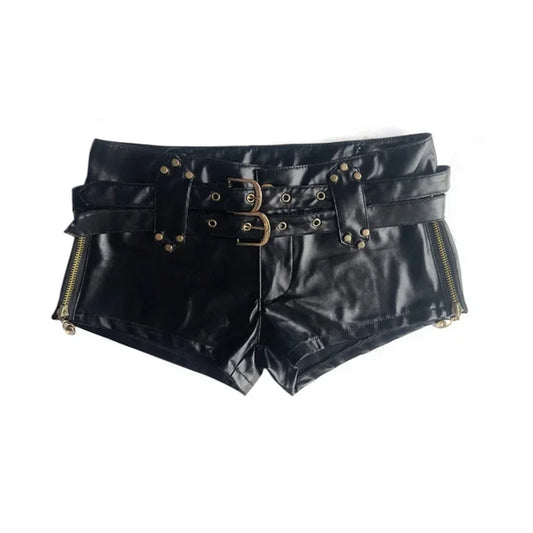 Buckle Detail Gold Zipper Low Rise Leather Mini Shorts