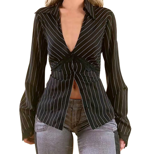 pinstripe flared long sleeve office button up shirt