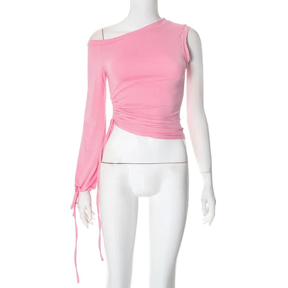 Pink A-Line Single Light Puff Sleeve Ruched Side Top