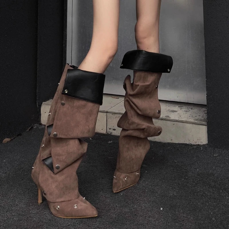 Draped Panel fold pointed stiletto high boots | Reigned